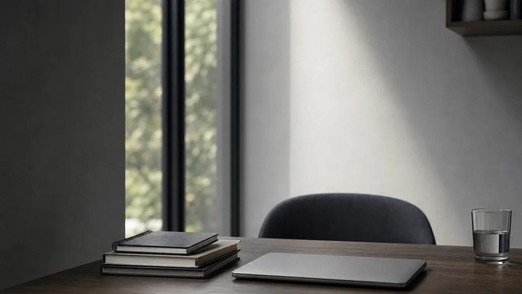 Editorial photograph of a quiet minimalist desk with a laptop, notebooks and cool daylight through a tall window