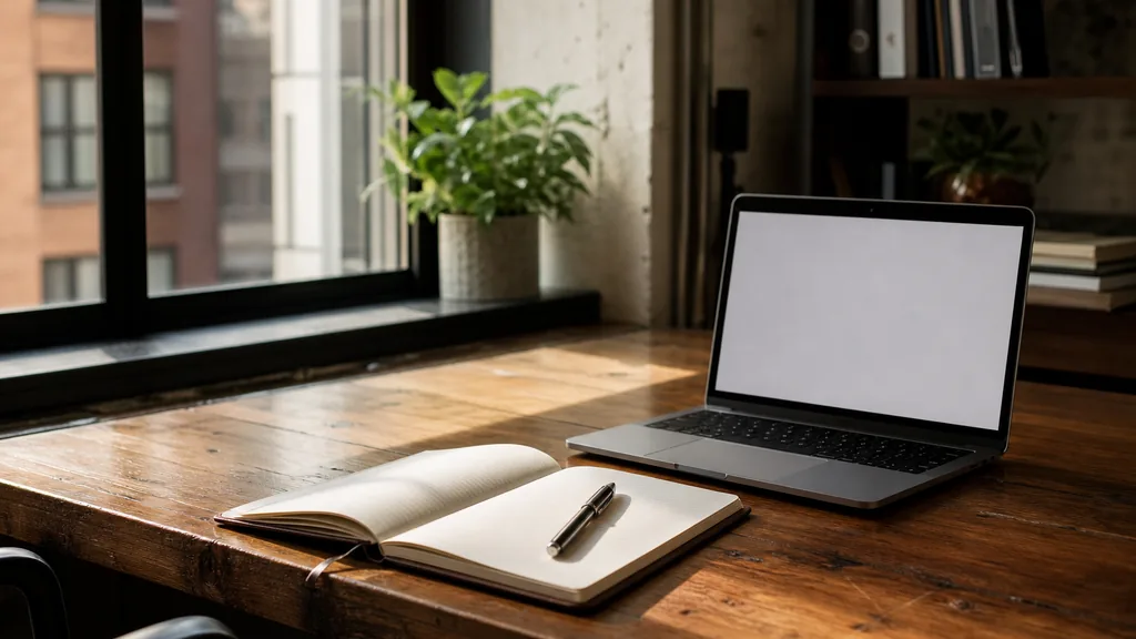 Editorial photograph of a desk beside a tall loft window in a New York office with an open notebook, a pen and a laptop showing a blank document in warm morning light