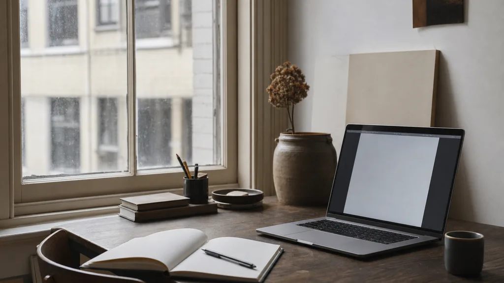 Editorial photograph of a desk beside a tall sash window in a London studio with an open notebook, a pen and a laptop showing a blank document in soft grey daylight