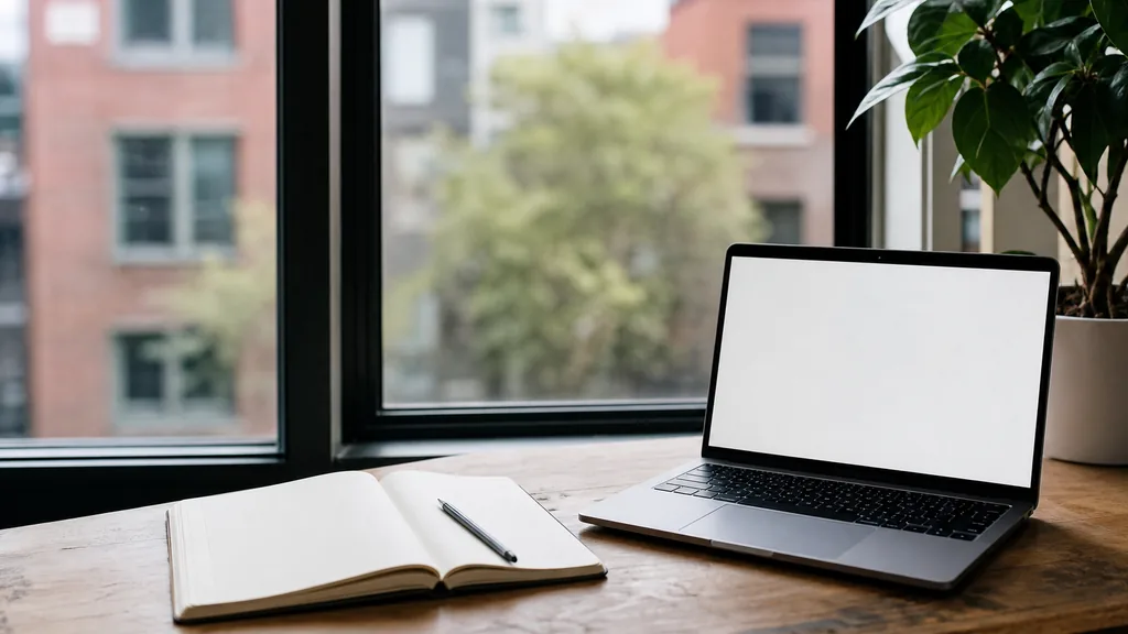 Editorial photograph of a desk beside a wide window in a Toronto studio with an open notebook, a pen and a laptop showing a blank document in bright daylight