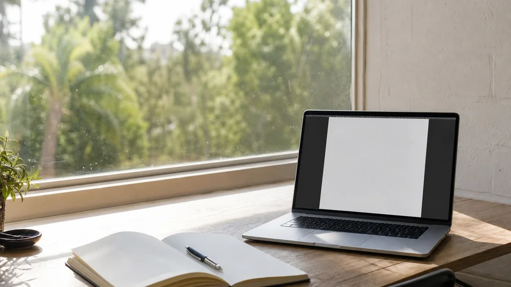 Editorial photograph of a desk beside a wide sunlit window in a Los Angeles studio with an open notebook, a pen and a laptop showing a blank document in bright afternoon light
