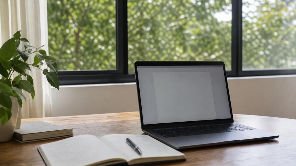 Editorial photograph of a desk beside a wide window in a Sydney studio with an open notebook, a pen and a laptop showing a blank document in clear morning light
