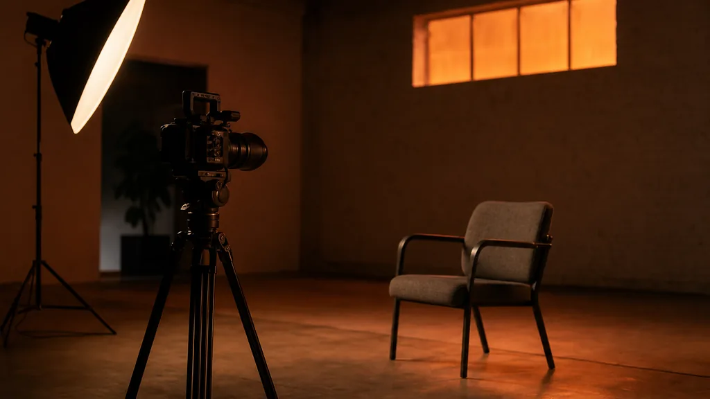 Editorial photograph of a desert-city production studio interior at dusk with a cinema camera on a tripod facing an empty chair, one softbox and warm neon glow through a high window, deep shadow