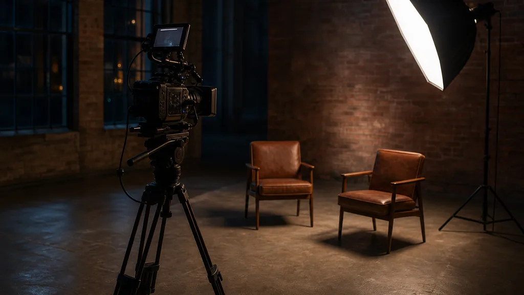 Editorial photograph of a brick warehouse studio interior at dusk with a cinema camera on a tripod facing two empty chairs, one softbox, tall industrial windows in deep shadow