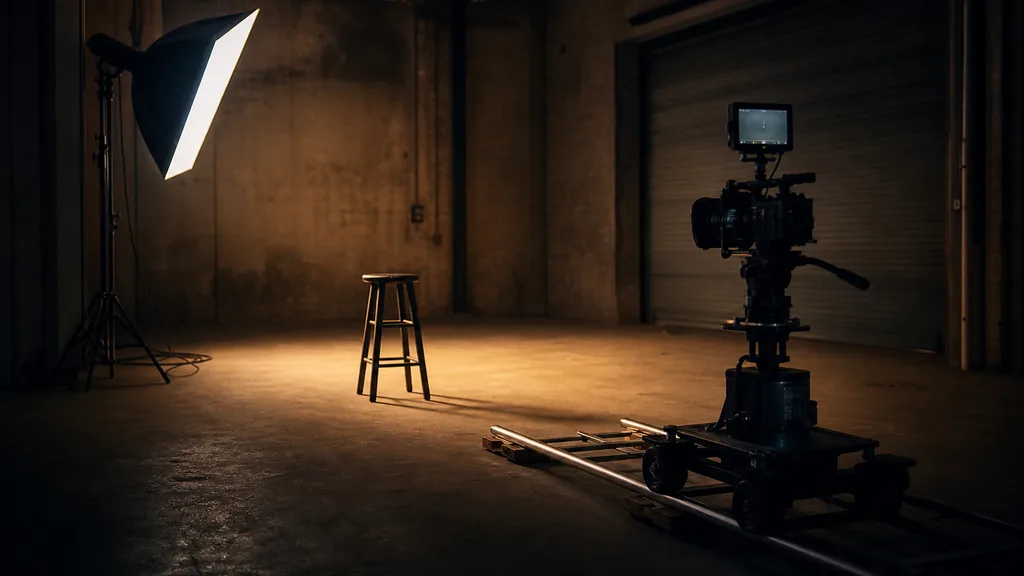 Editorial photograph of a midwestern warehouse studio at dusk with a cinema camera on a dolly track facing an empty stool, one softbox and a roll-up door in deep shadow
