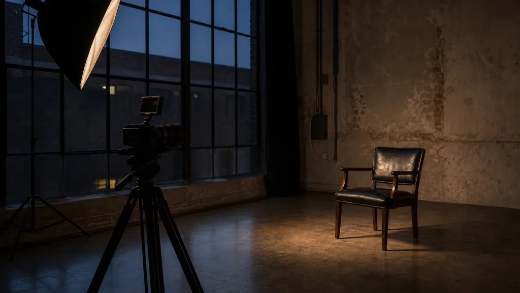 Editorial photograph of a converted industrial loft studio in deep dusk light with a cinema camera on a tripod facing an empty chair, one softbox and tall factory windows in shadow