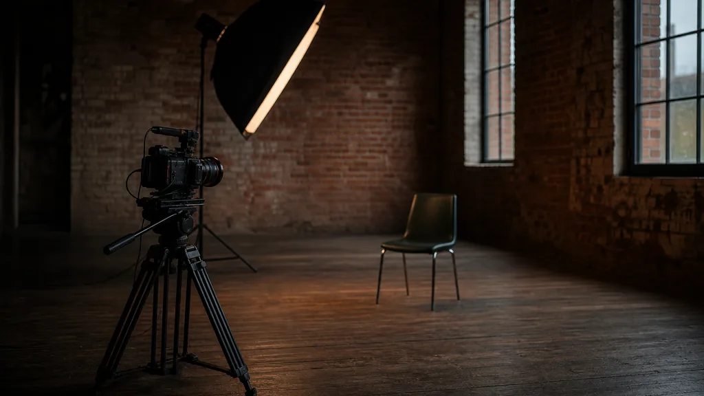 Editorial photograph of a red-brick mill studio interior in northern English dusk light with a cinema camera on a tripod facing an empty chair, one softbox and tall warehouse windows in deep shadow