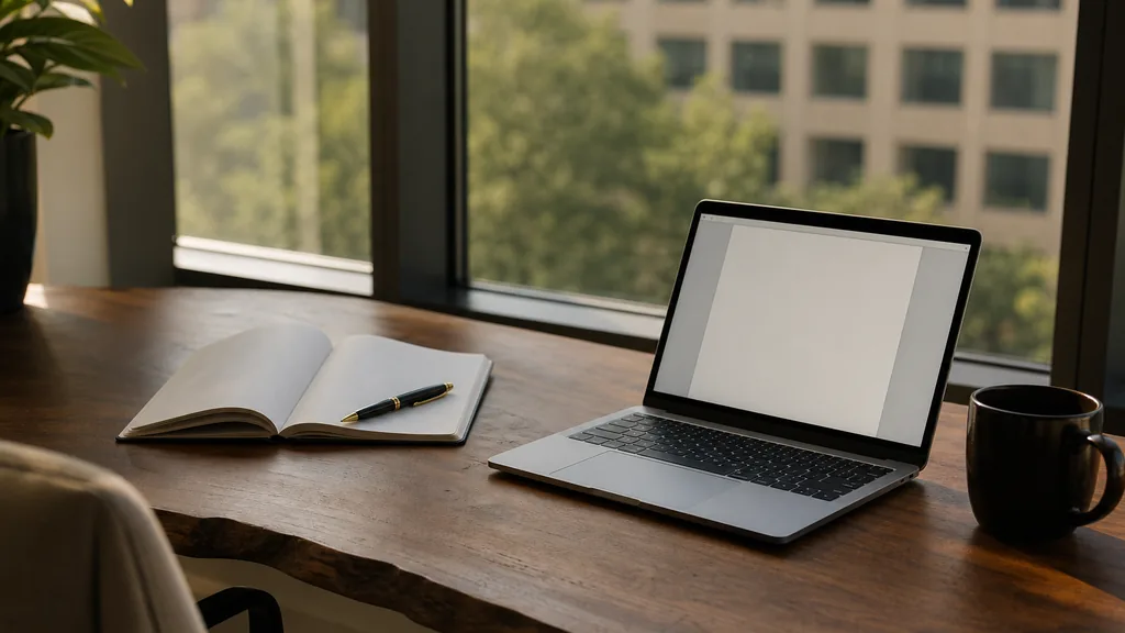 Editorial photograph of a quiet writing desk beside a wide window in a Dallas office with an open notebook, a pen and a laptop showing a blank document in warm morning light