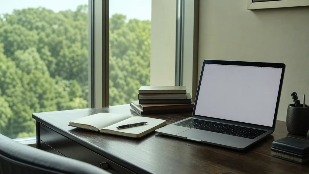 Editorial photograph of a writing desk beside a tall window in an Atlanta office with an open notebook, a pen and a laptop showing a blank document in soft green-tinted daylight