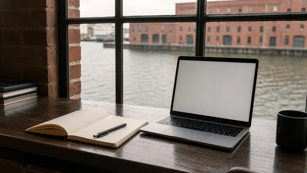 Editorial photograph of a writing desk beside a brick warehouse window in a Baltimore office with an open notebook, a pen and a laptop showing a blank document in cool harbour light