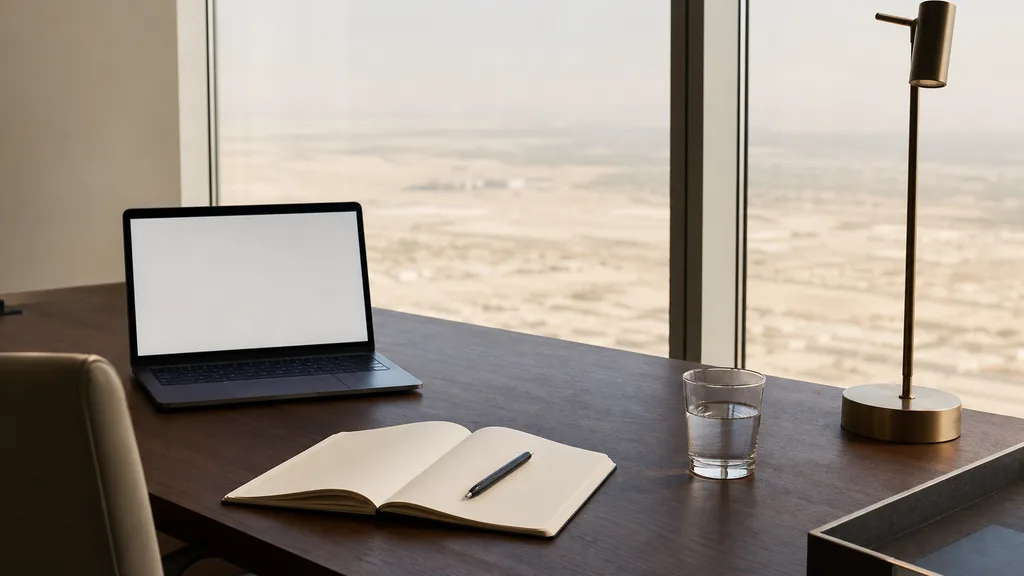 Editorial photograph of a writing desk beside a floor-to-ceiling window in a Dubai office tower with an open notebook, a pen and a laptop showing a blank document in bright desert daylight