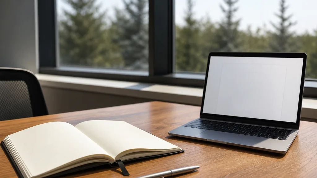 Editorial photograph of a writing desk beside a wide window in a Calgary office with an open notebook, a pen and a laptop showing a blank document in clear prairie daylight