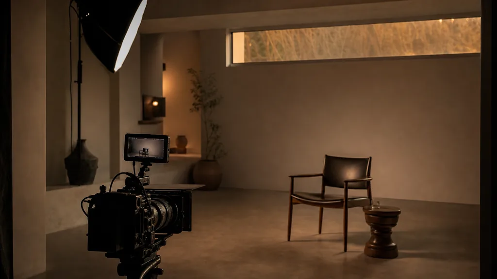 Editorial photograph of a desert-modern production studio interior at dusk with a cinema camera on a tripod facing an empty chair, one softbox and warm light through a high clerestory window, deep shadow