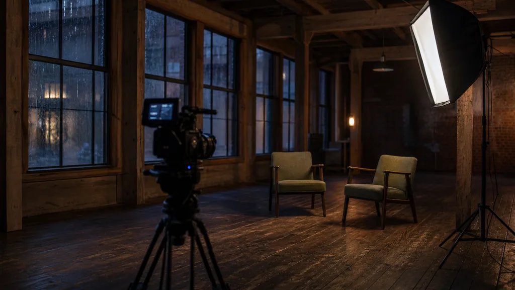 Editorial photograph of a converted timber warehouse studio interior at dusk with a cinema camera on a tripod facing two empty chairs, one softbox, tall rain-streaked windows in deep shadow