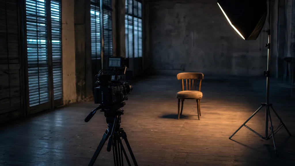 Editorial photograph of a coastal warehouse studio interior at dusk with a cinema camera on a tripod facing an empty chair, one softbox, tall shuttered windows in deep shadow