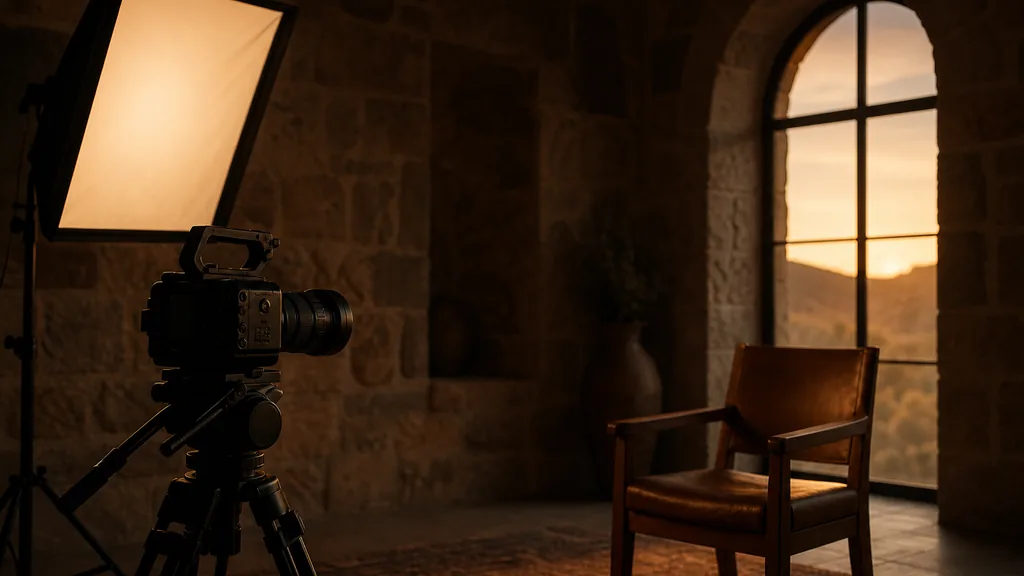 Editorial photograph of a stone-walled southwestern studio interior at dusk with a cinema camera on a tripod facing an empty chair, one softbox, warm light through a tall arched window, deep shadow