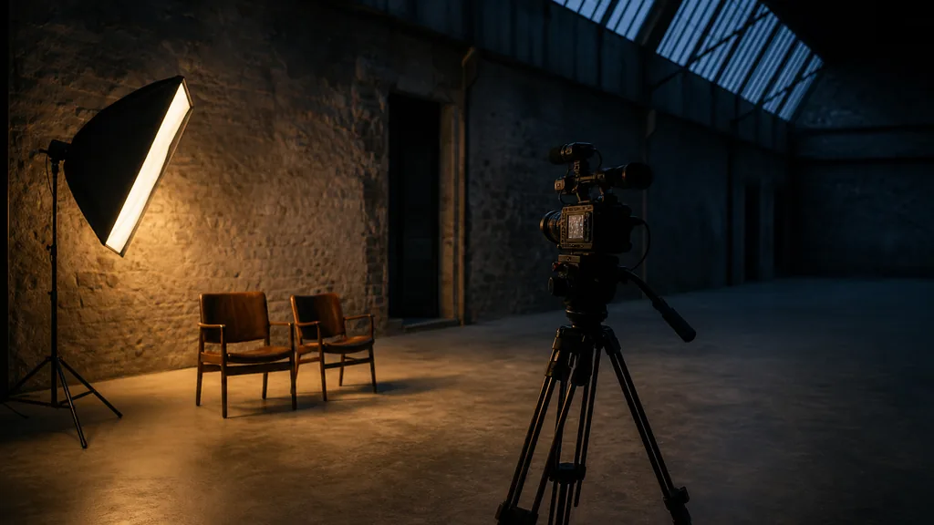 Editorial photograph of a bluestone warehouse studio interior at dusk with a cinema camera on a tripod facing two empty chairs, one softbox, tall sawtooth roof windows in deep shadow
