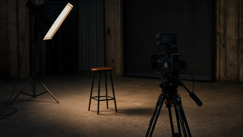 Editorial photograph of a high-desert warehouse studio at dusk with a cinema camera on a tripod facing an empty stool, one softbox and a roller door in deep shadow