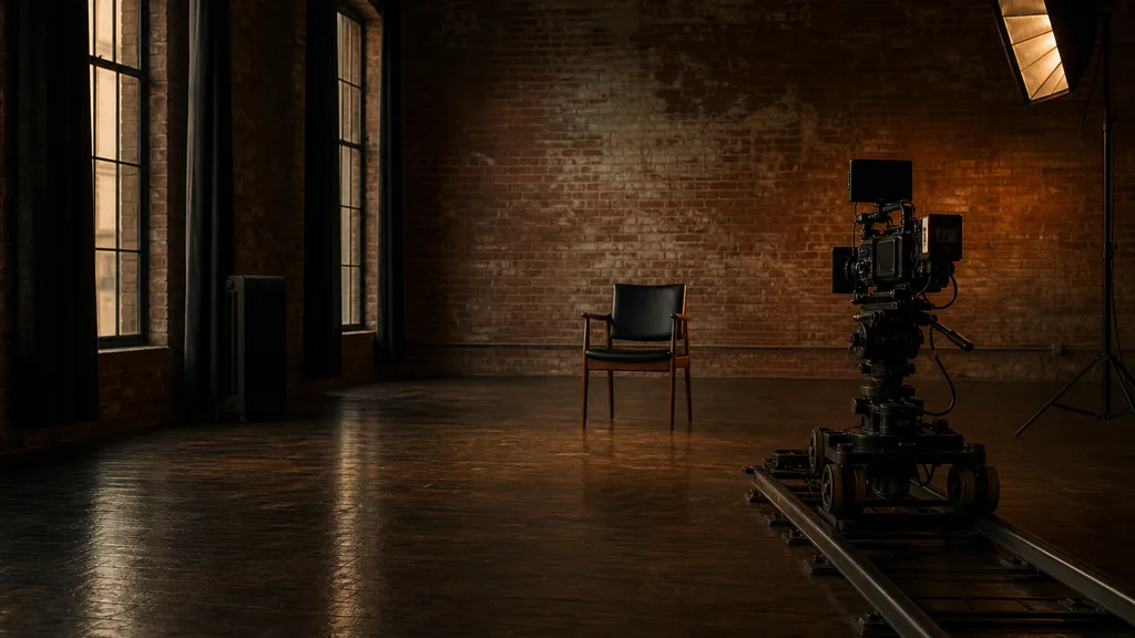 Editorial photograph of a midwestern brick studio interior at dusk with a cinema camera on a dolly track facing an empty chair, one softbox and tall windows in deep shadow