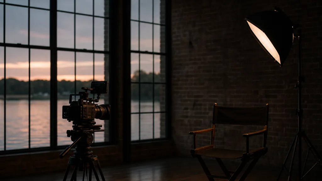 Editorial photograph of a lakefront brick studio interior at dusk with a cinema camera on a tripod facing an empty chair, one softbox and tall factory windows in deep shadow