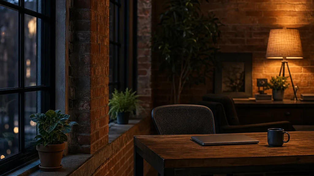 Editorial photograph of a quiet brick loft office at dusk with a closed laptop and a coffee cup on a single desk and tall windows in deep shadow