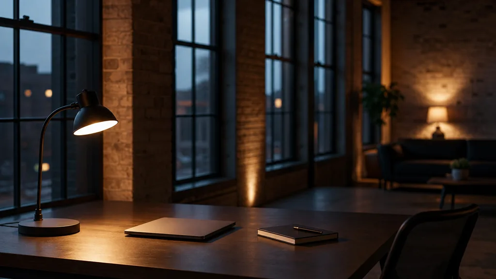 Editorial photograph of a quiet converted-warehouse office at dusk with a closed laptop and a notebook on a single desk and tall industrial windows in deep shadow
