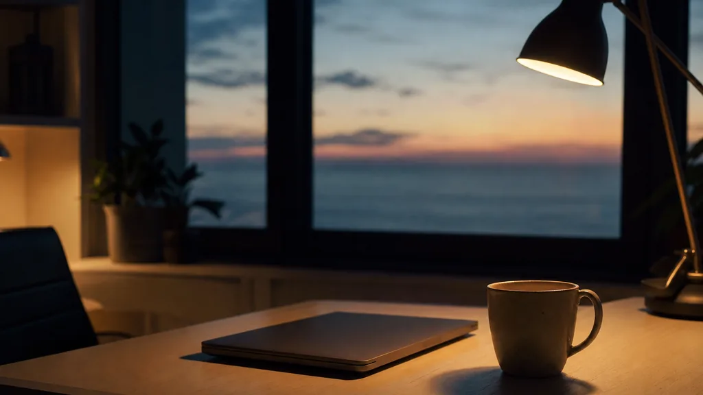 Editorial photograph of a quiet coastal-city office at dusk with a closed laptop and a ceramic mug on a pale wooden desk and a wide window in deep shadow
