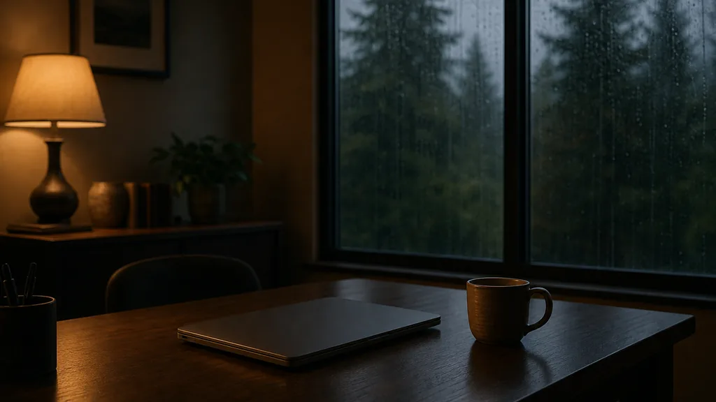 Editorial photograph of a quiet pacific-northwest office at dusk with a closed laptop and a mug on a dark wooden desk and a rain-streaked window in deep shadow