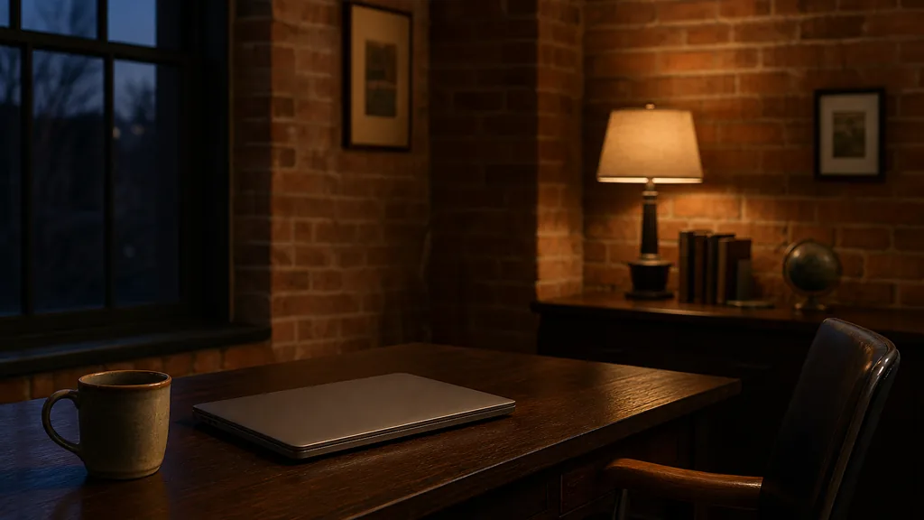 Editorial photograph of a quiet New England brick-walled office at dusk with a closed laptop and a ceramic mug on a dark wooden desk and a tall window in deep shadow