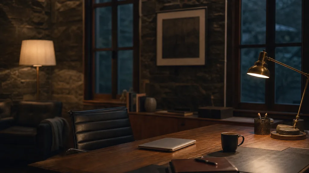 Editorial photograph of a quiet bluestone-walled studio office at dusk with a closed laptop and a coffee cup on a single desk and tall windows in deep shadow