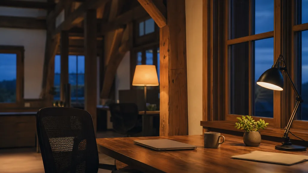 Editorial photograph of a quiet timber-framed northern office at dusk with a closed laptop and a coffee cup on a single desk and tall windows in deep shadow