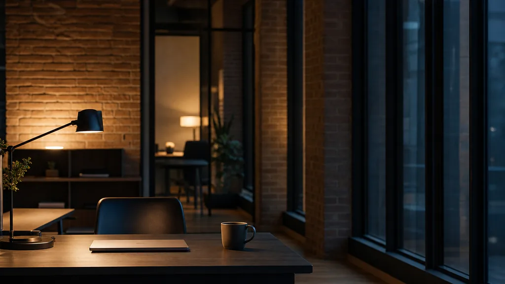 Editorial photograph of a quiet brick-and-glass office at dusk with a closed laptop and a coffee cup on a single desk and tall windows in deep shadow