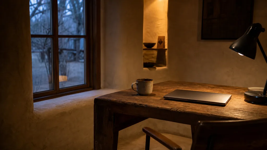Editorial photograph of a quiet adobe-walled studio office at dusk with a closed laptop and a coffee cup on a single desk and deep window shadows