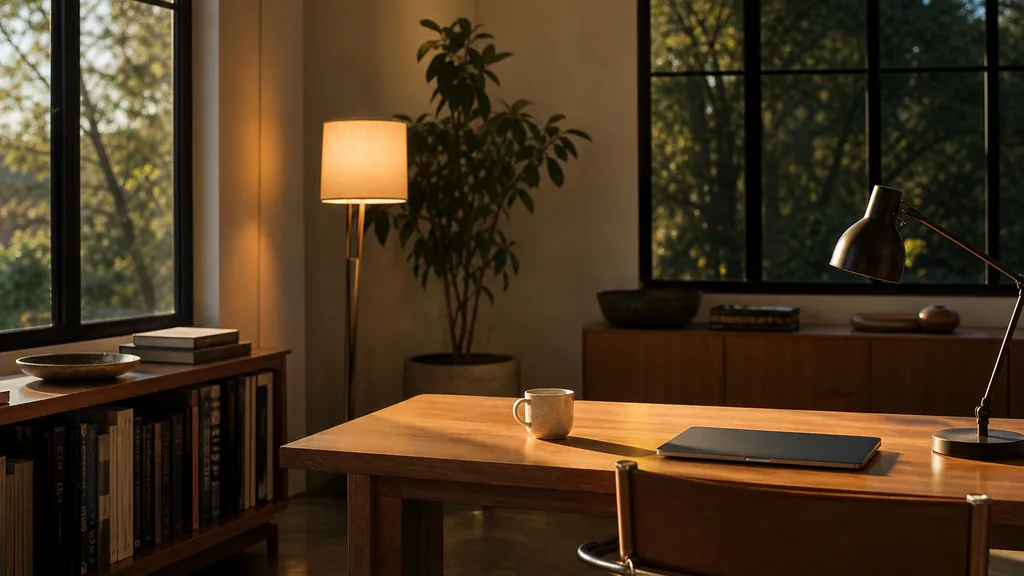 Editorial photograph of a quiet sunlit California studio office at dusk with a closed laptop and a coffee cup on a single desk and tall windows in deep shadow