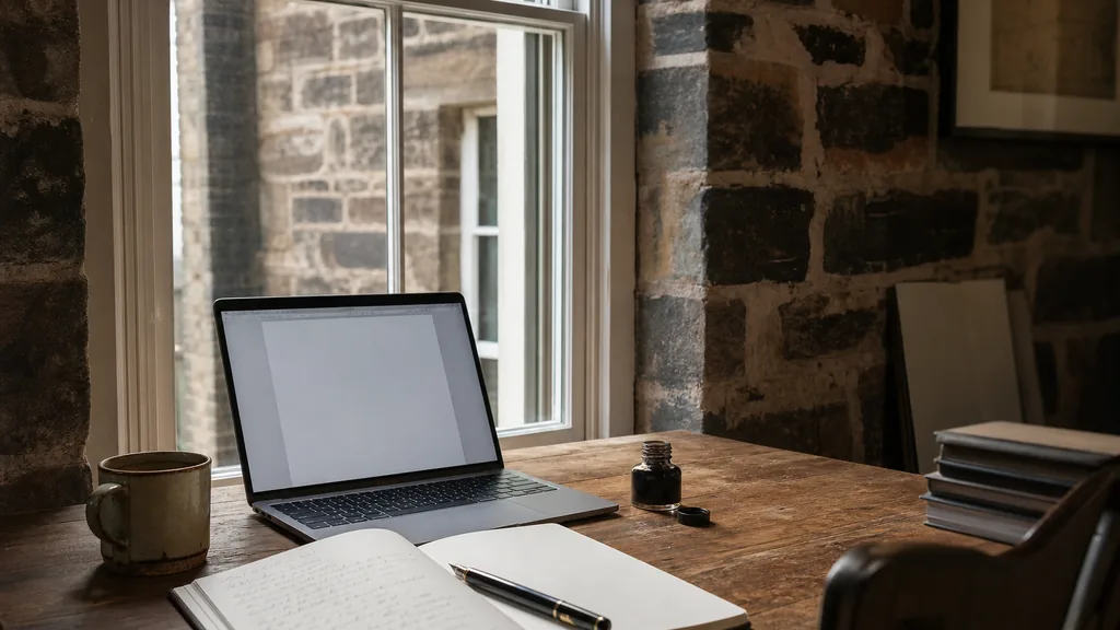Editorial photograph of a writer desk beside a tall sash window in a converted bluestone studio with an open notebook, a fountain pen and a laptop showing a blank document in warm afternoon light
