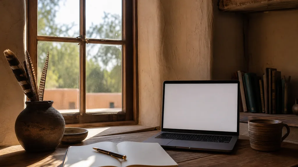 Editorial photograph of a writing desk beside a deep-set window in a sunlit adobe-walled studio with an open notebook, a pen and a laptop showing a blank document in warm morning light