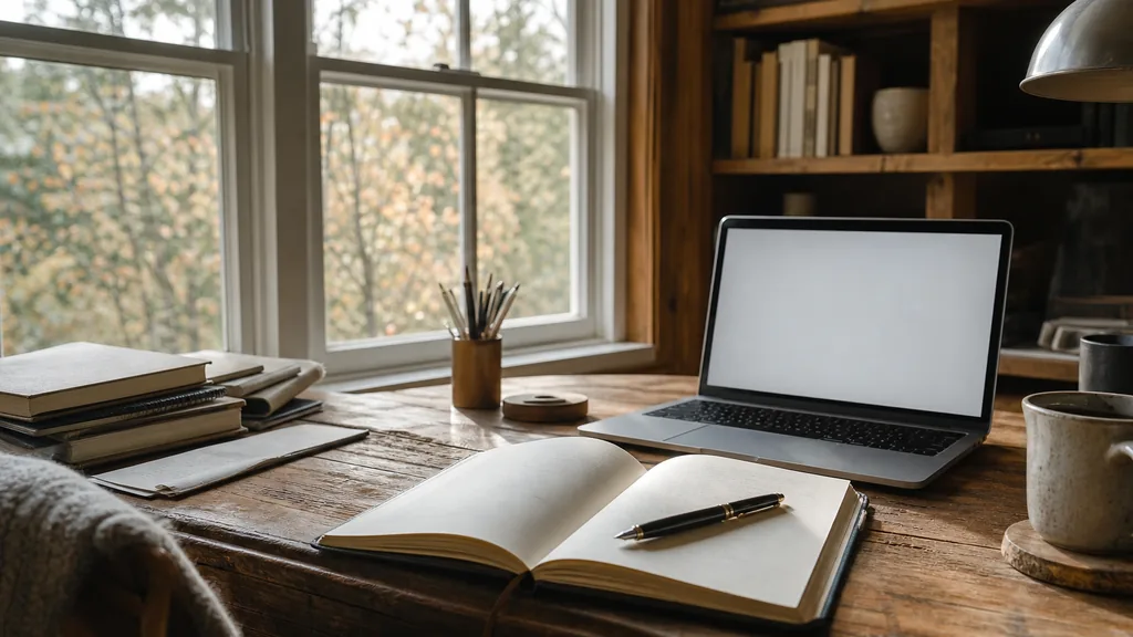 Editorial photograph of a writing desk beside a tall window in a timber-lined northern studio with an open notebook, a pen and a laptop showing a blank document in cool afternoon light