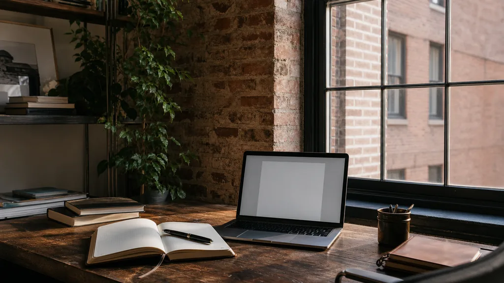 Editorial photograph of a writing desk beside a tall window in a brick-and-glass city office with an open notebook, a pen and a laptop showing a blank document in soft afternoon light
