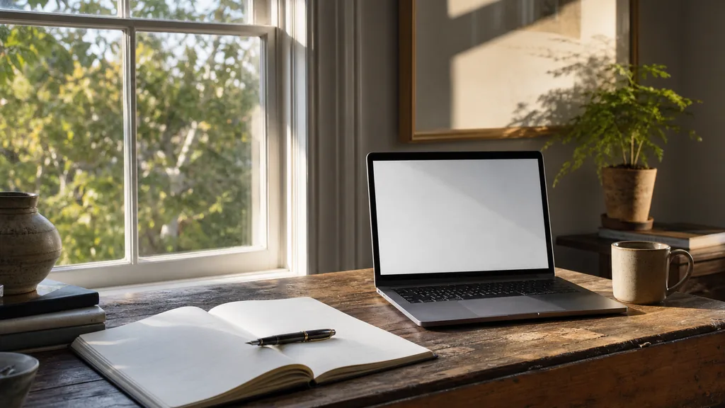 Editorial photograph of a writing desk beside a tall window in a sunlit California studio with an open notebook, a pen and a laptop showing a blank document in warm afternoon light