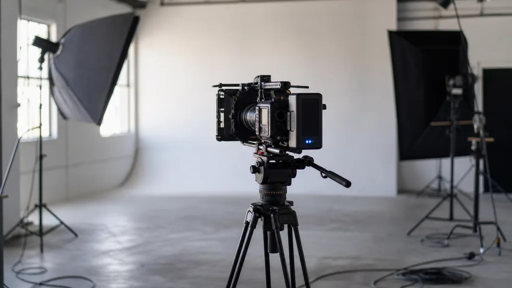 Editorial photograph of a professional cinema camera on a tripod facing an empty seamless studio backdrop in a Southern California production studio with softboxes and coiled cables on a concrete floor