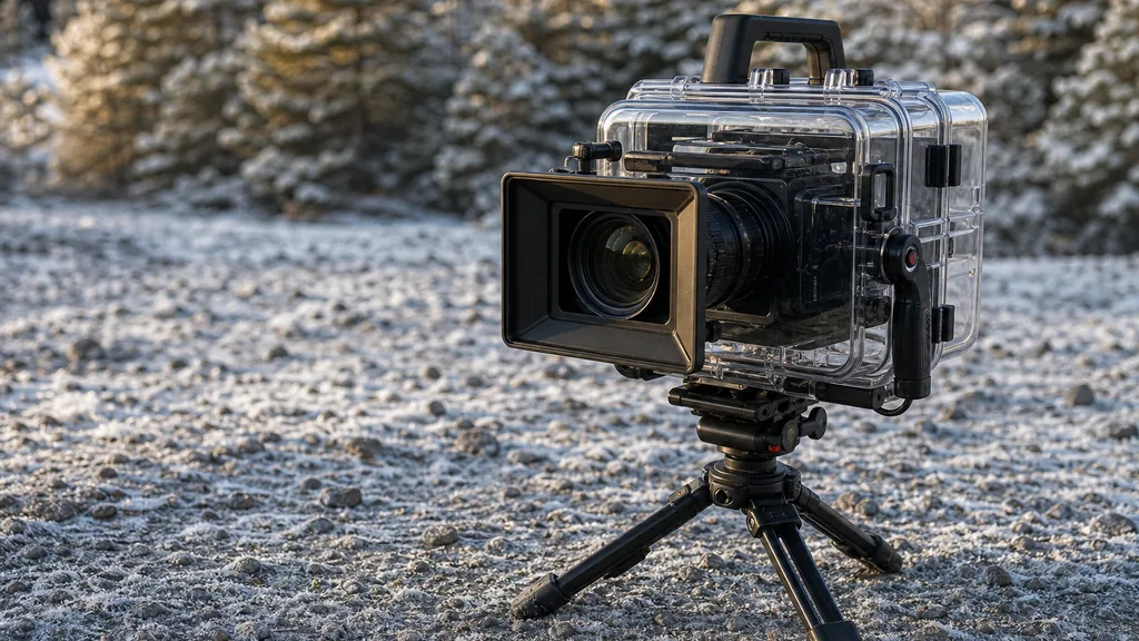 Editorial photograph of a cinema camera in a weatherproof housing on a tripod on frozen gravel with low winter sunlight and distant snow-dusted spruce trees out of focus