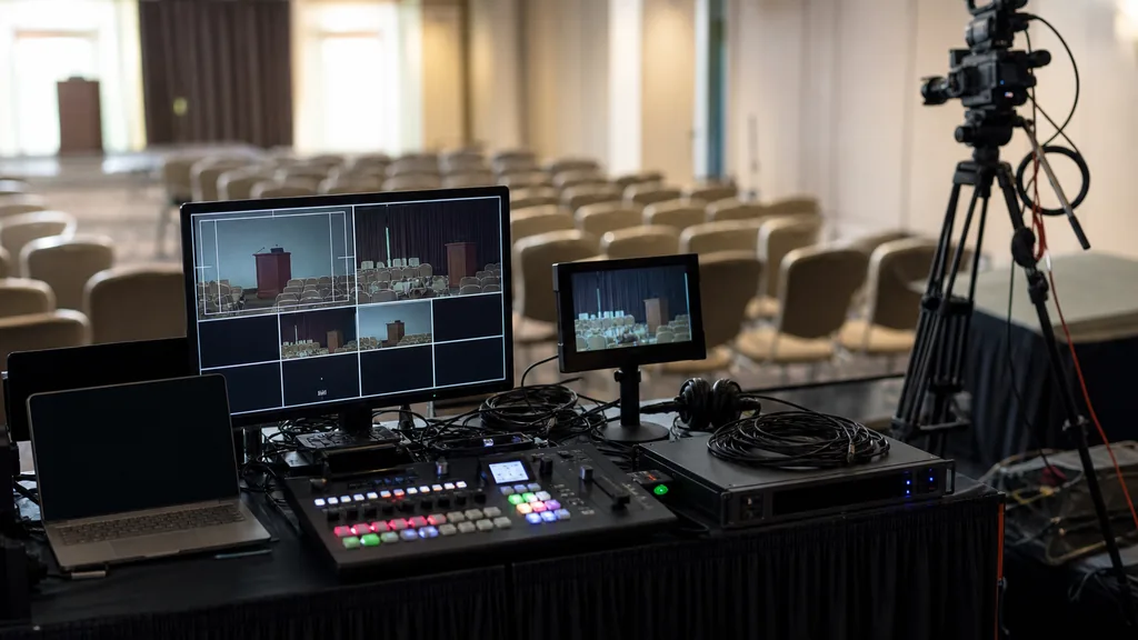 Editorial photograph of a multi-camera live event video setup with a switcher, monitors and coiled cables on a draped table inside an empty conference hall