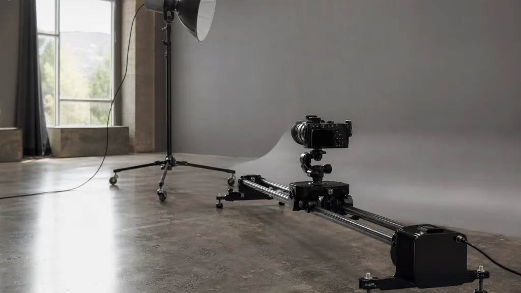Editorial photograph of a motion-control camera slider and lighting rig on a polished studio floor beside a grey cyclorama wall in a Colorado production space