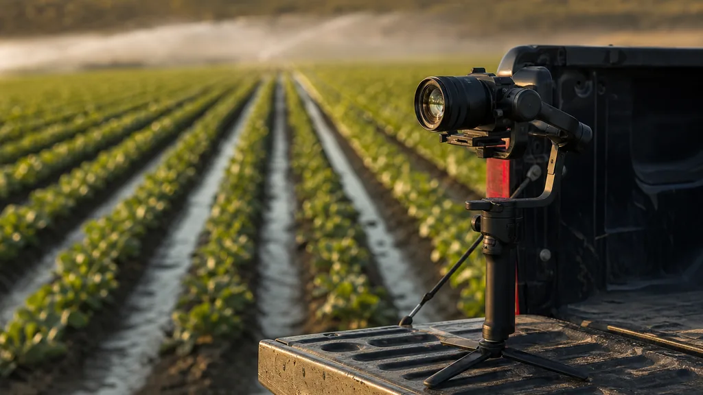 Editorial photograph of a camera on a gimbal resting on a dusty pickup tailgate at the edge of an irrigated Central Valley field in warm late afternoon light
