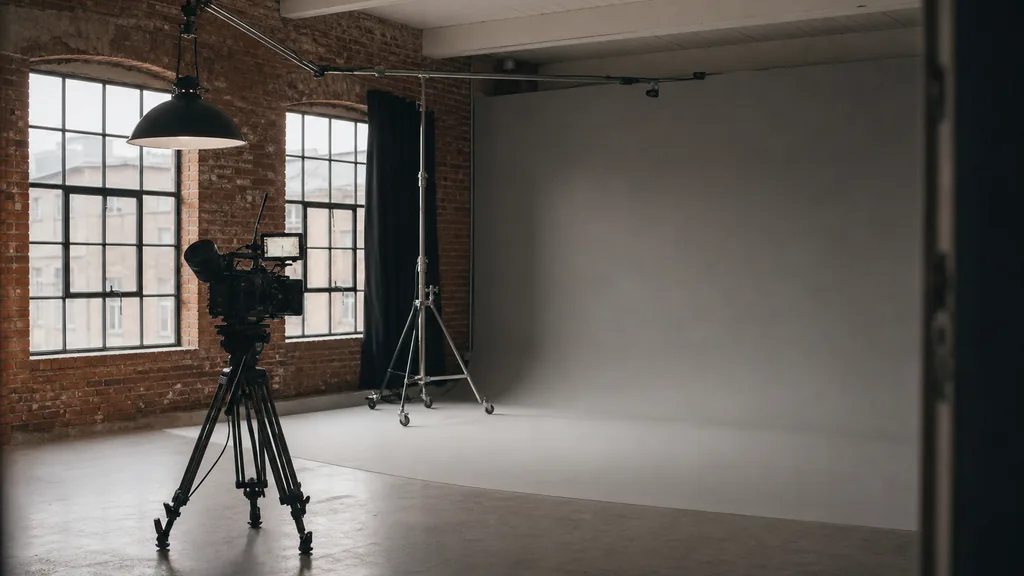 Editorial photograph of a film studio interior in a converted Victorian brick warehouse with a lighting rig, cinema camera on a tripod and a grey cyclorama wall in soft daylight