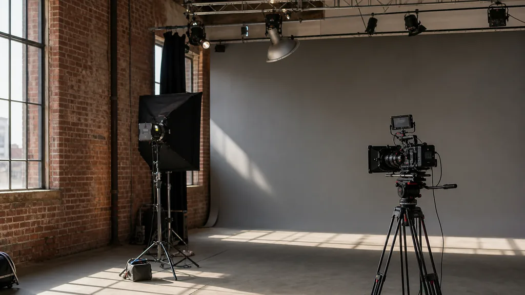 Editorial photograph of a film studio interior in a converted red-brick warehouse with a lighting rig, cinema camera on a tripod and a grey cyclorama wall in soft northern daylight