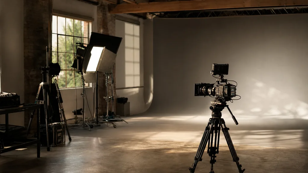 Editorial photograph of a film studio interior in a converted warehouse with a lighting rig, cinema camera on a tripod and a grey cyclorama wall in warm southern daylight