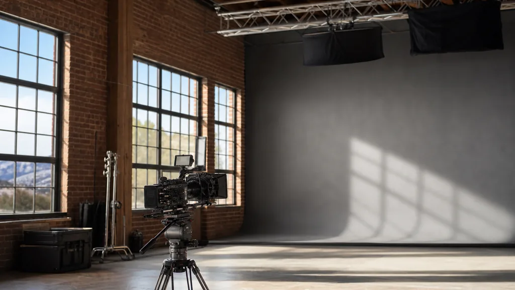Editorial photograph of a film studio interior in a converted brick warehouse with a lighting rig, cinema camera on a tripod and a grey cyclorama wall in clear high-desert daylight