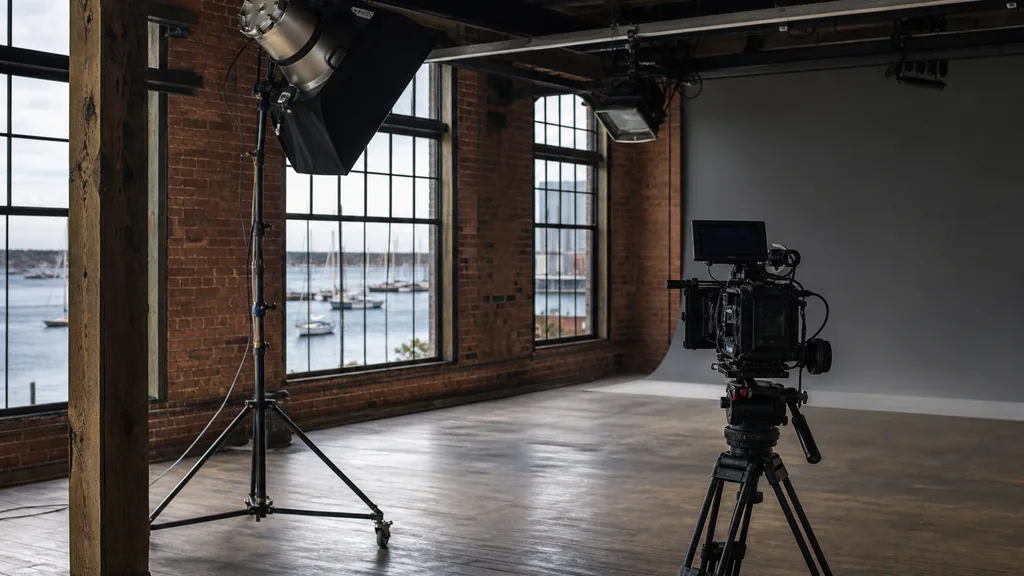 Editorial photograph of a film studio interior in a converted New England brick mill with a lighting rig, cinema camera on a tripod and a grey cyclorama wall in cool coastal daylight