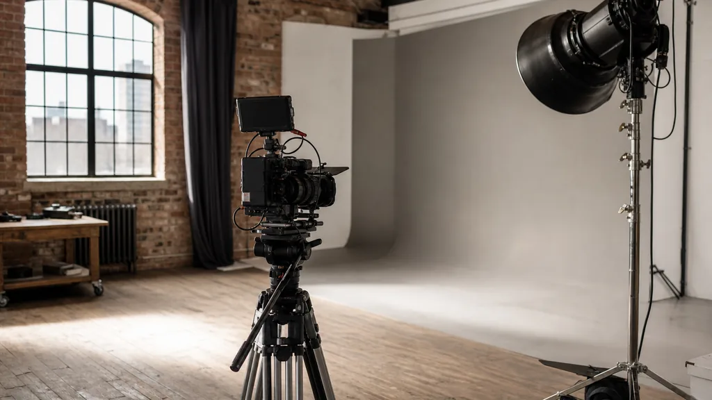 Editorial photograph of a film studio interior in a converted Victorian brick warehouse with a lighting rig, cinema camera on a tripod and a grey cyclorama wall in soft daylight